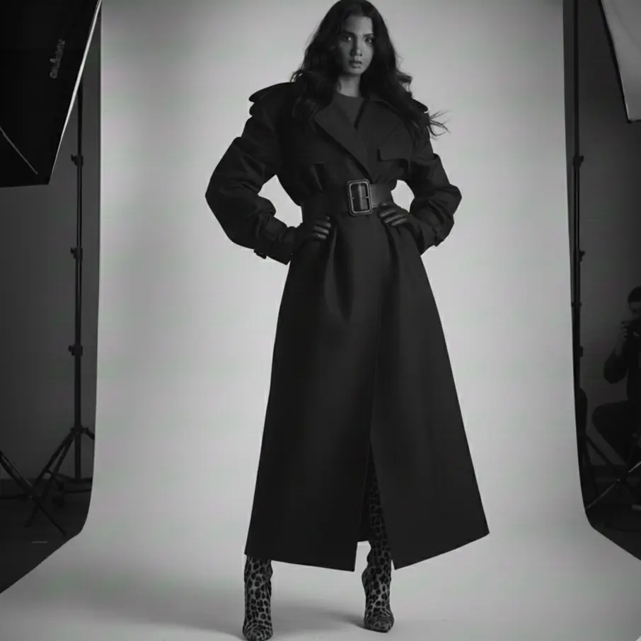 Photoshoot styling by Indre — model in a belted black trench coat and leopard boots