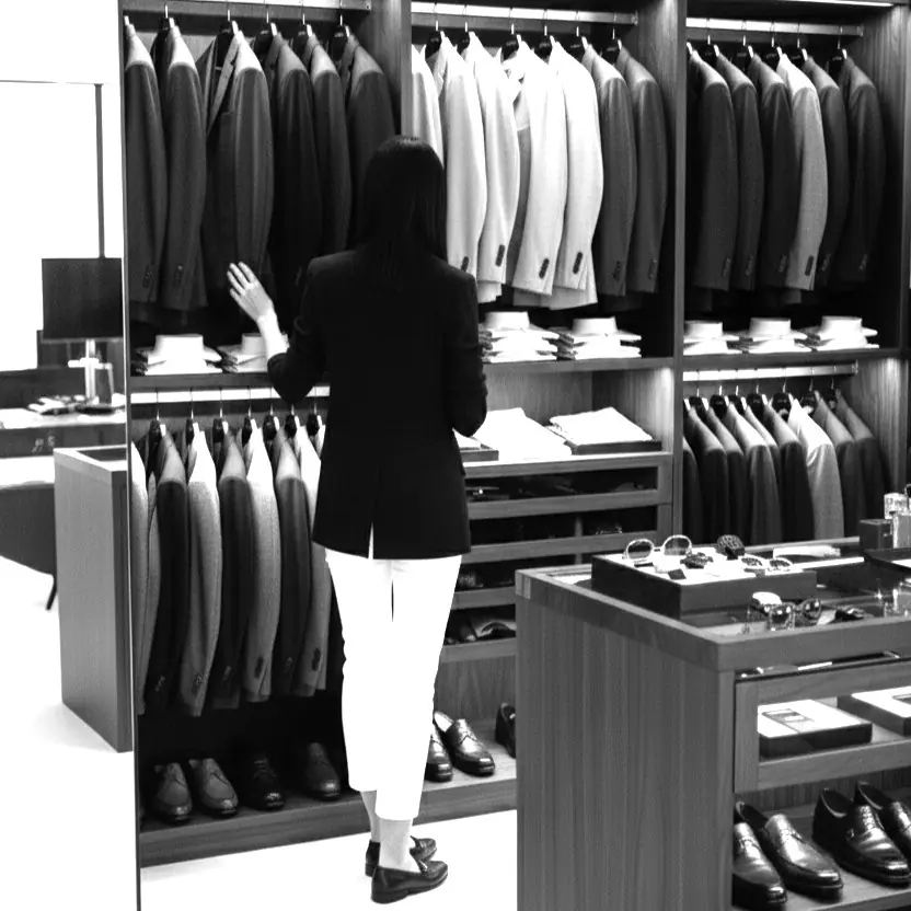 Men's personal shopping — stylist selecting suits and shirts in a luxury menswear store