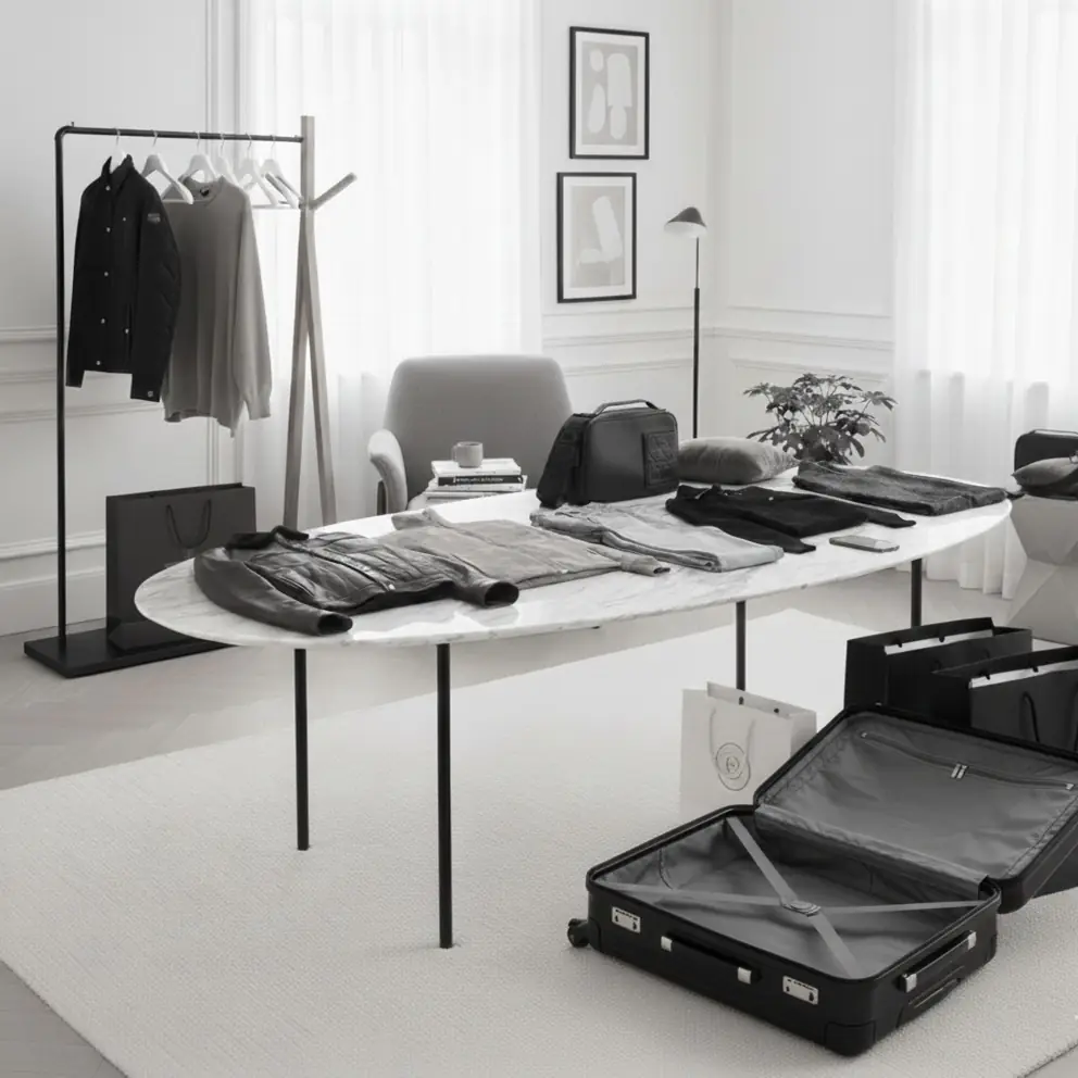 Travel wardrobe styling for a private client — menswear and luggage prepared on a marble table