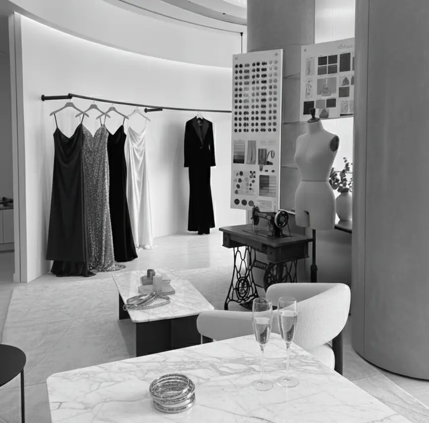 Private evening-wear styling appointment — gowns, dress form and champagne in a styling salon